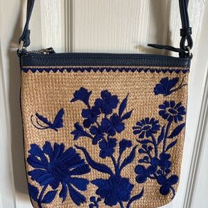 Brighton Blossom Hill CARTER Straw Messenger Bag Blue Embroidery